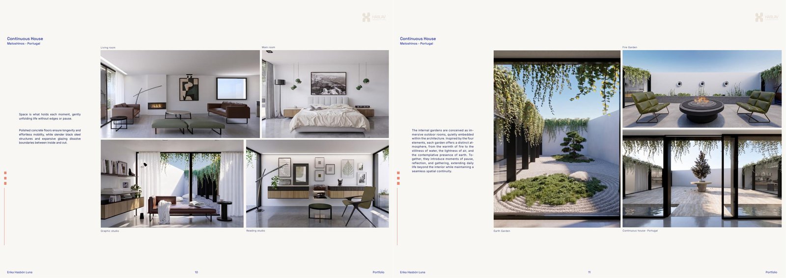 Continuous House portfolio board showing spatial sequence and material strategy