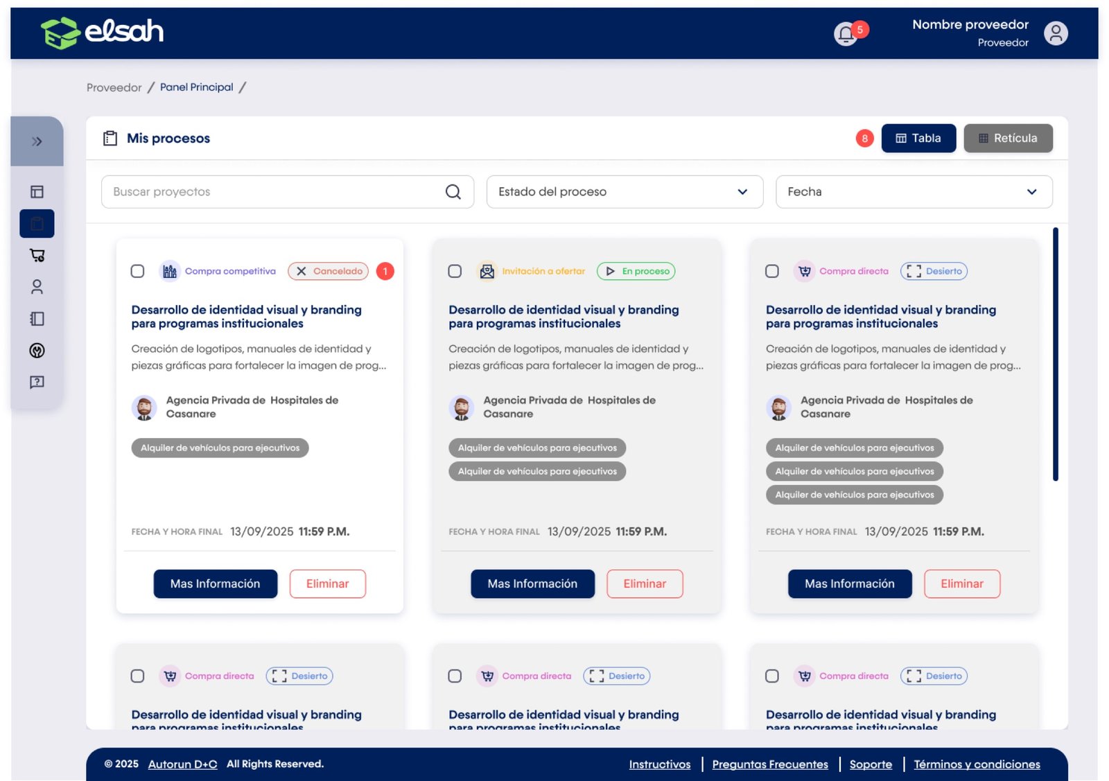 ELSAH supplier dashboard listing active procurement processes