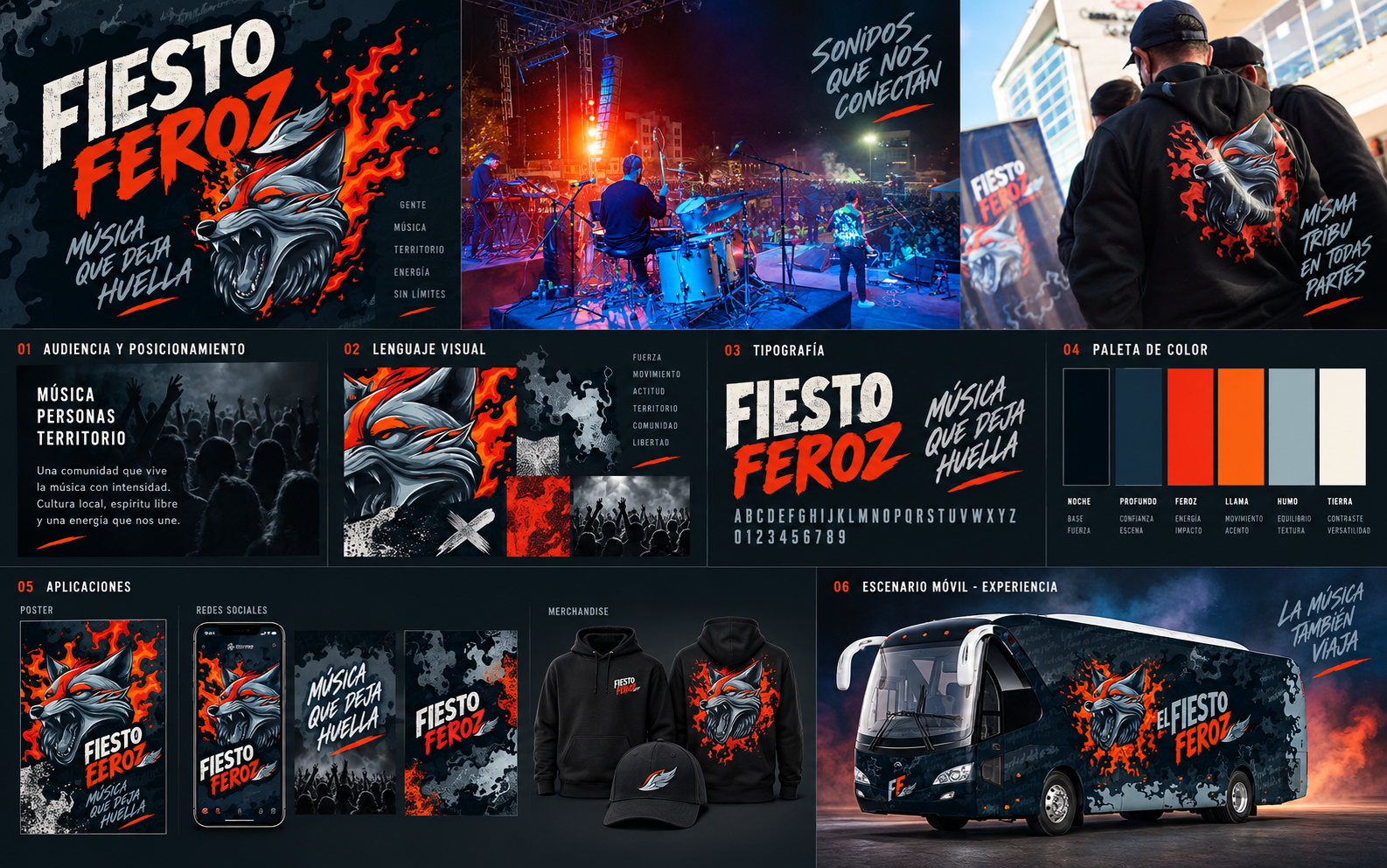 Fiesto Feroz generated identity process board with visual language, applications and mobile stage
