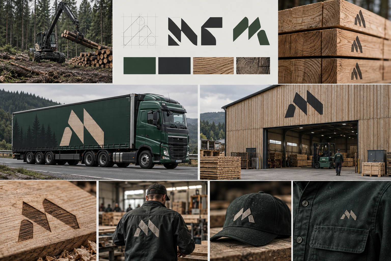 Maderex TK identity process board with mark, typography, materials and applications