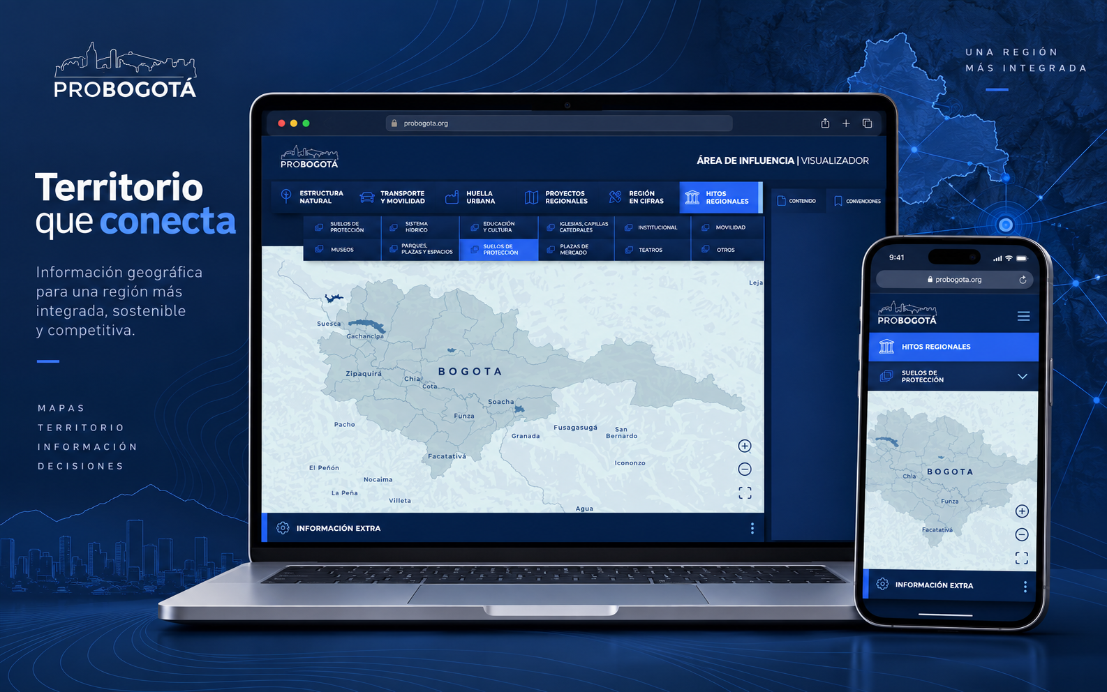 ProBogotá Región geospatial application shown across desktop and mobile with territorial map layers