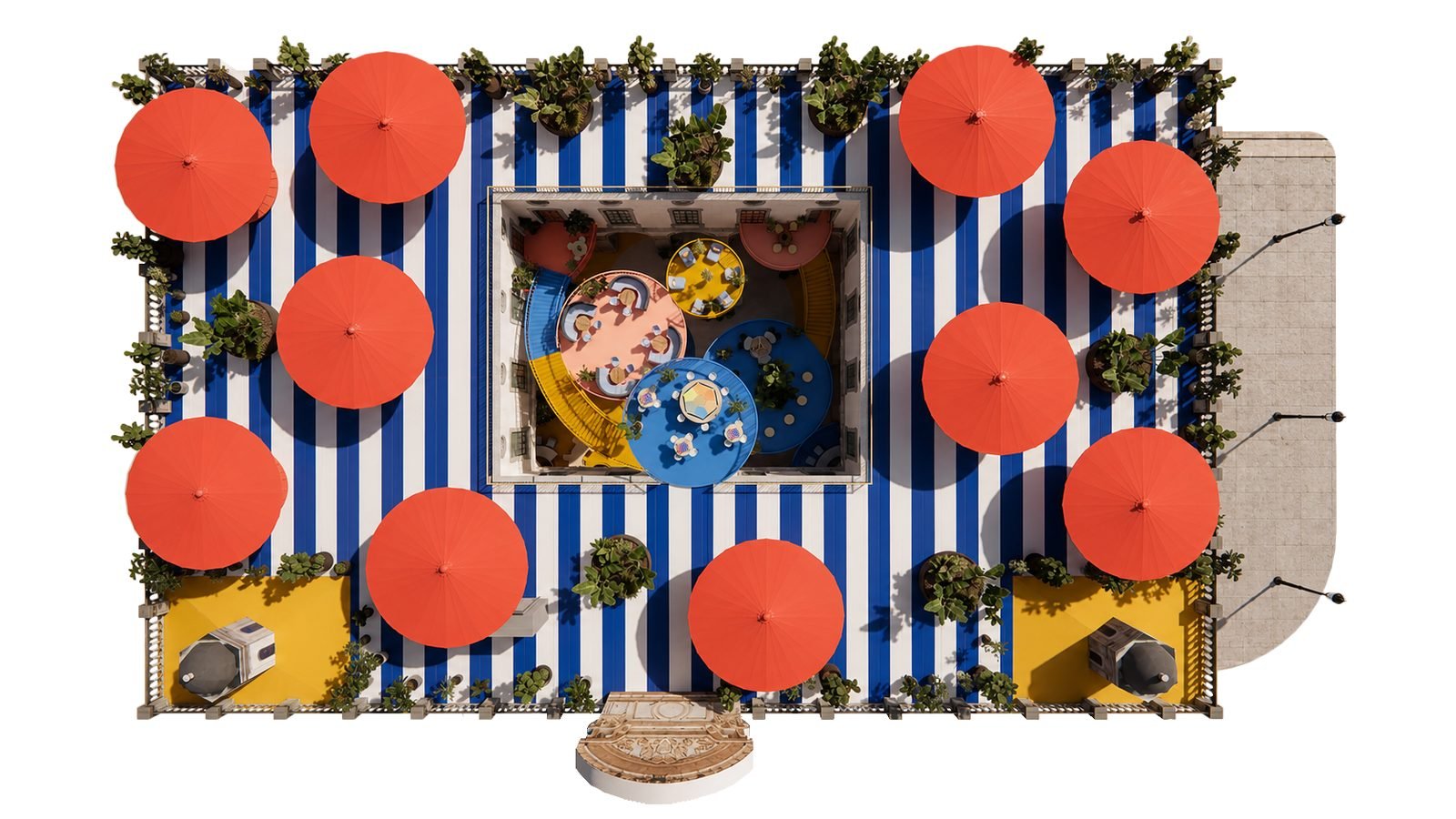 Rooftop courtyard of The Social Port with orange umbrellas over a striped deck