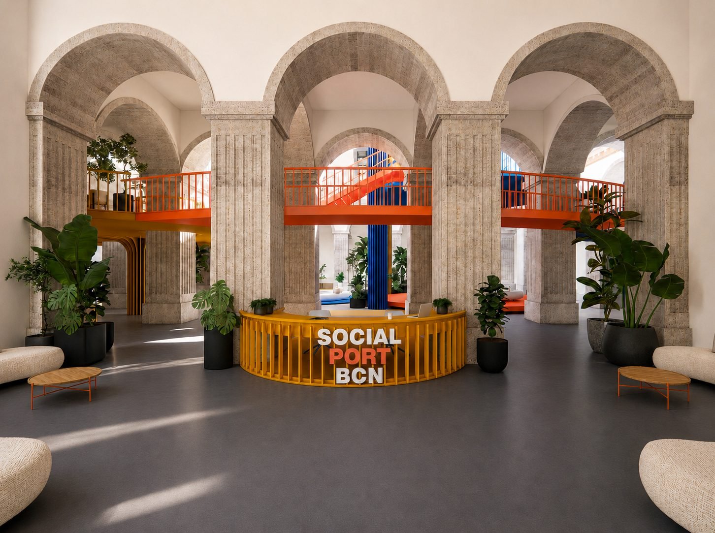 The Social Port: Rooftop courtyard of The Social Port with orange umbrellas over a striped deck