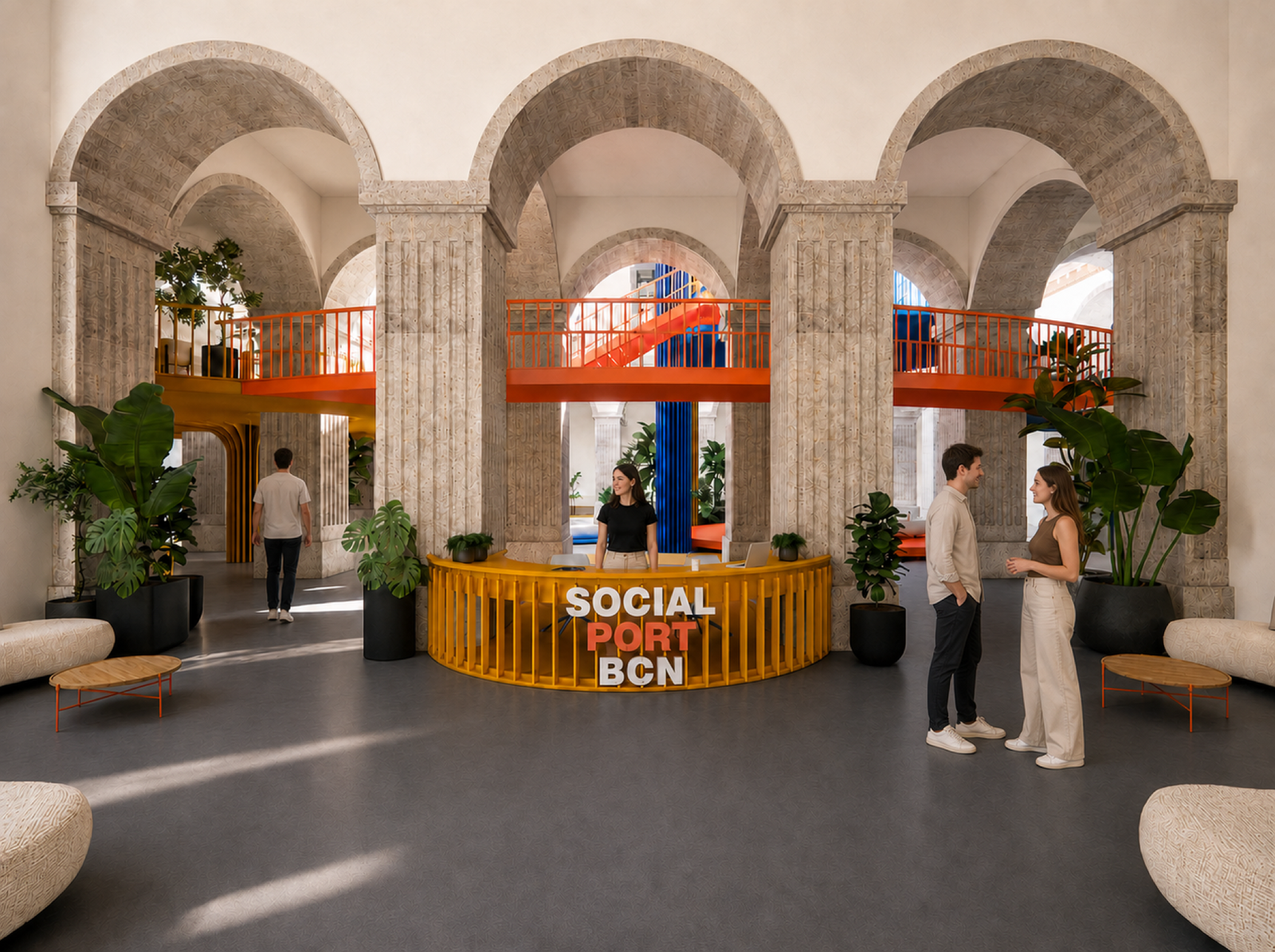 The Social Port lobby with people and layered circulation routes