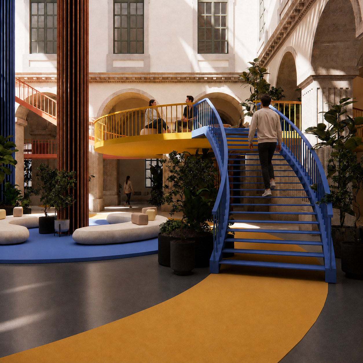 Staircase connecting the plaza and mezzanine at The Social Port