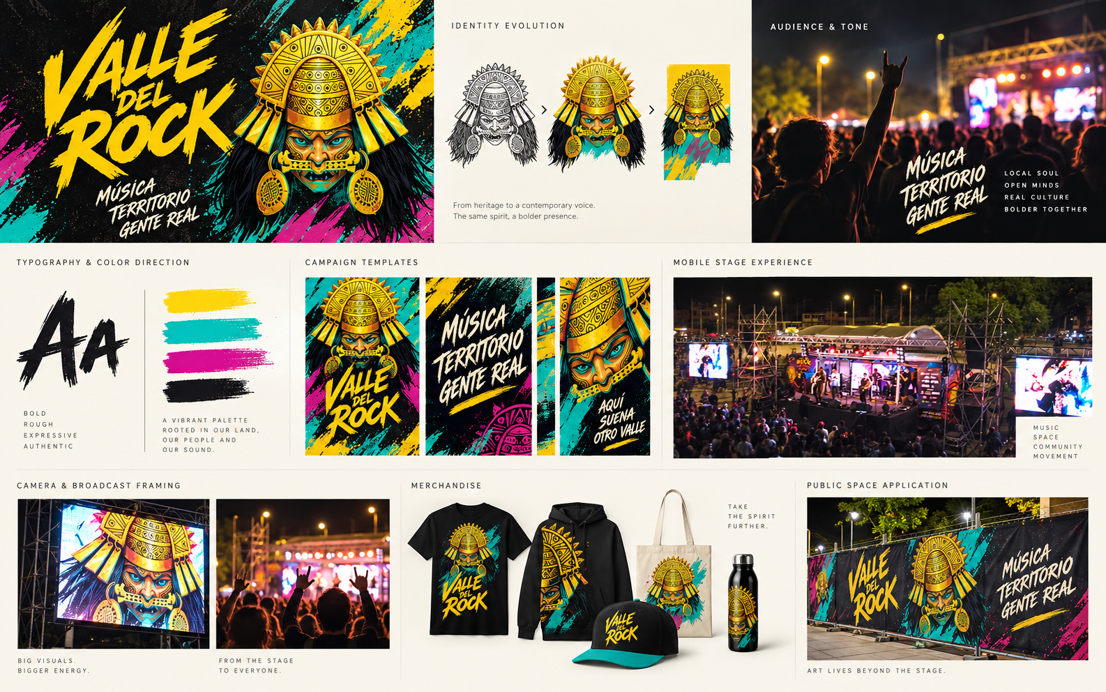 Valle del Rock Fest generated process board showing identity evolution, campaign and live experience