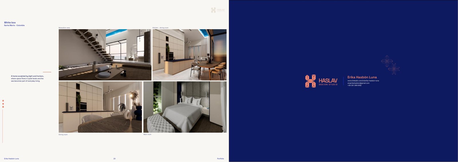 White Box portfolio board showing living room, sections and horizon-facing opening